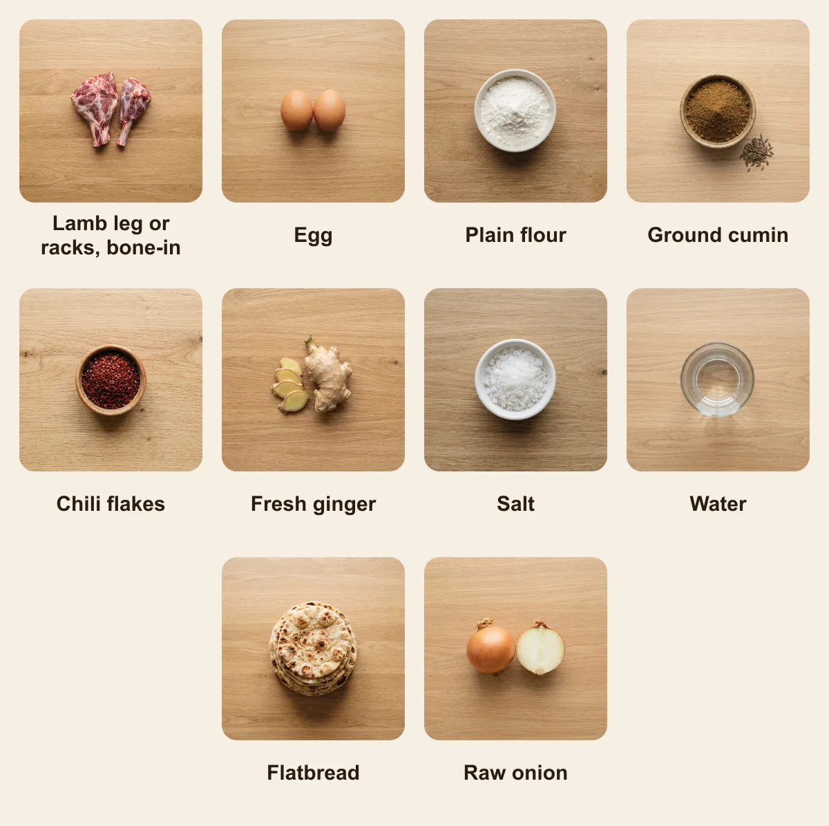 Everything you need for Tonur Kawap, laid out from above: Lamb leg or racks, bone-in, Egg, Plain flour, Ground cumin, Chili flakes, Fresh ginger, Salt, Water, Flatbread, Raw onion (AI illustration)