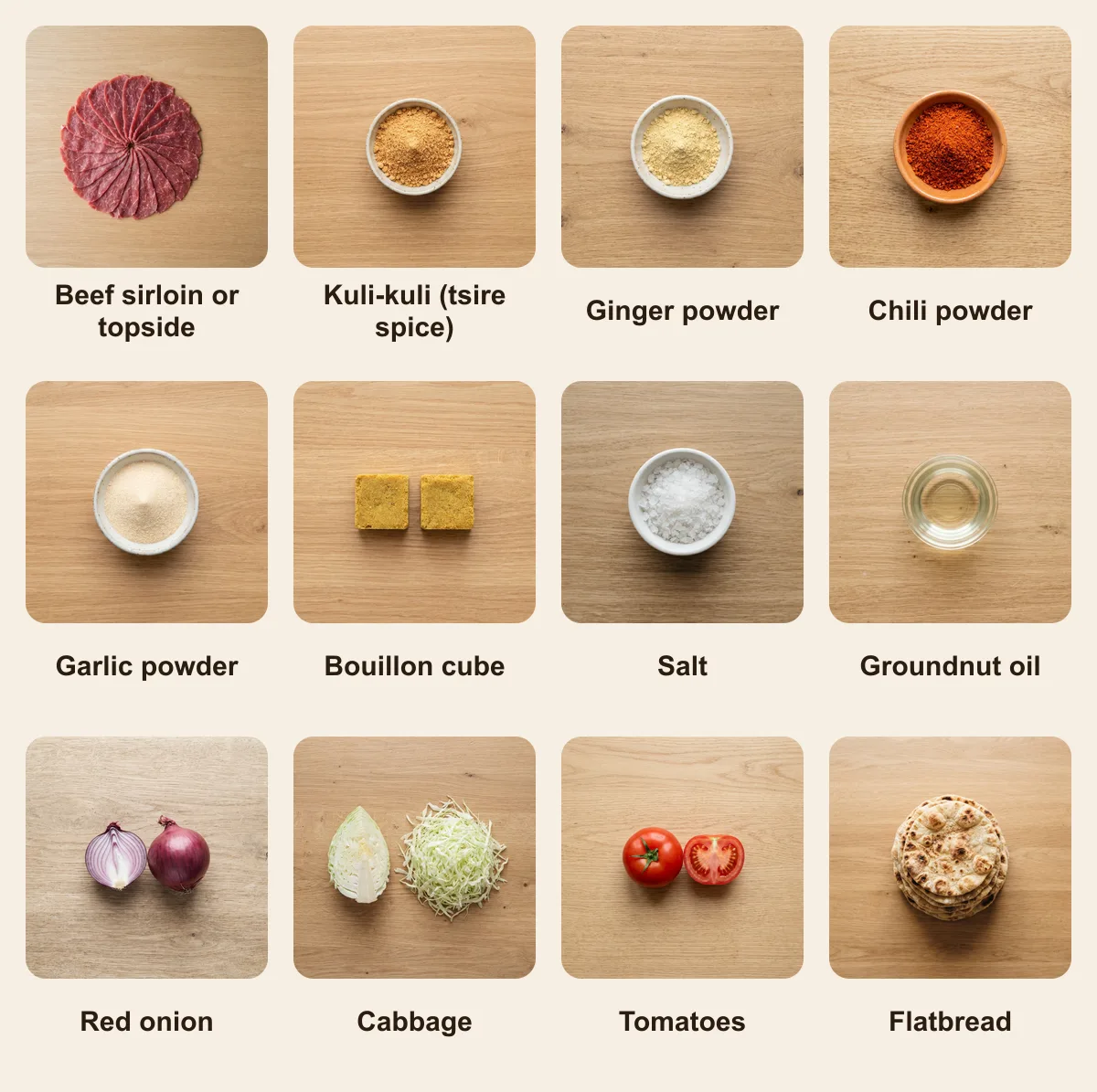 Everything you need for Tsire, laid out from above: Beef sirloin or topside, Kuli-kuli (tsire spice), Ginger powder, Chili powder, Garlic powder, Bouillon cube, Salt, Groundnut oil, Red onion, Cabbage, Tomatoes, Flatbread (AI illustration)
