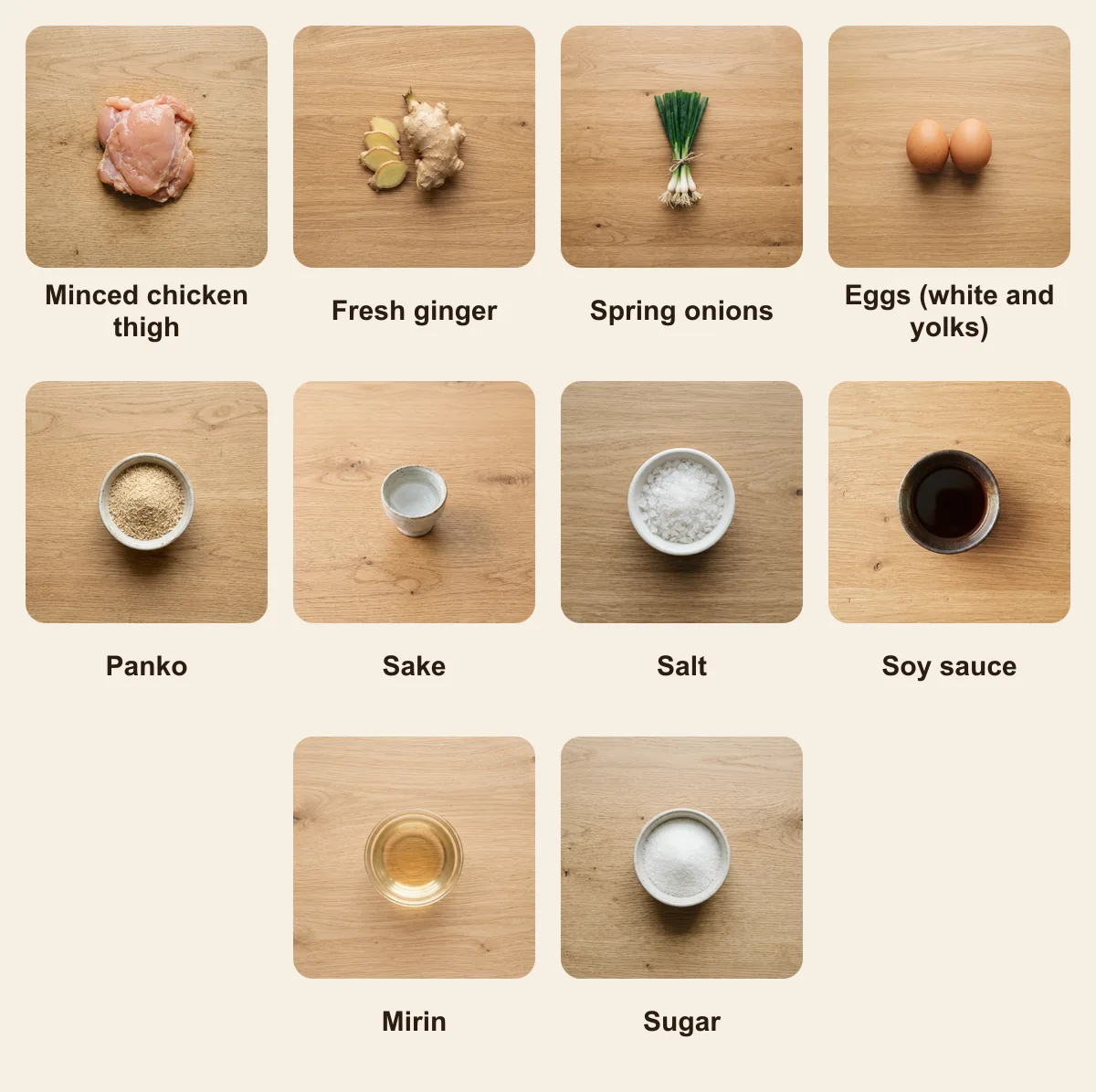 Everything you need for Tsukune, laid out from above: Minced chicken thigh, Fresh ginger, Spring onions, Eggs (white and yolks), Panko, Sake, Salt, Soy sauce, Mirin, Sugar (AI illustration)