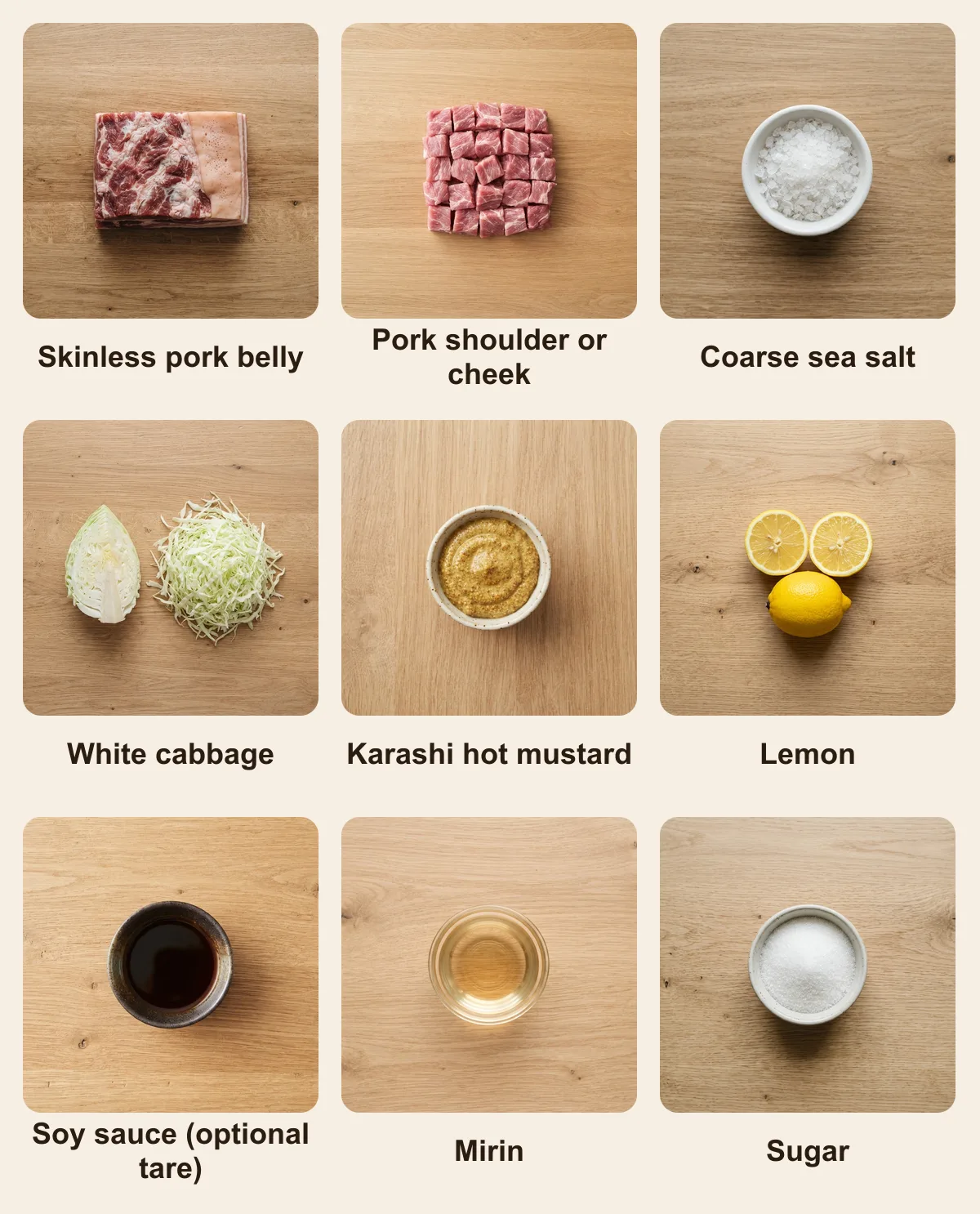 Everything you need for Yakiton, laid out from above: Skinless pork belly, Pork shoulder or cheek, Coarse sea salt, White cabbage, Karashi hot mustard, Lemon, Soy sauce (optional tare), Mirin, Sugar (AI illustration)