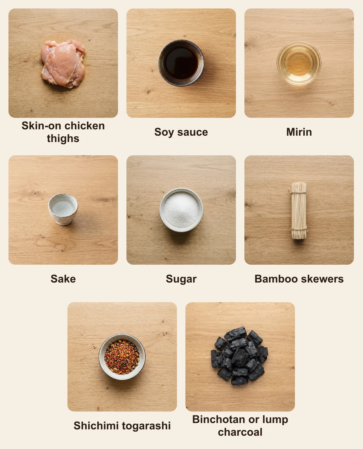 Everything you need for Yakitori, laid out from above: Skin-on chicken thighs, Soy sauce, Mirin, Sake, Sugar, Bamboo skewers, Shichimi togarashi, Binchotan or lump charcoal (AI illustration)
