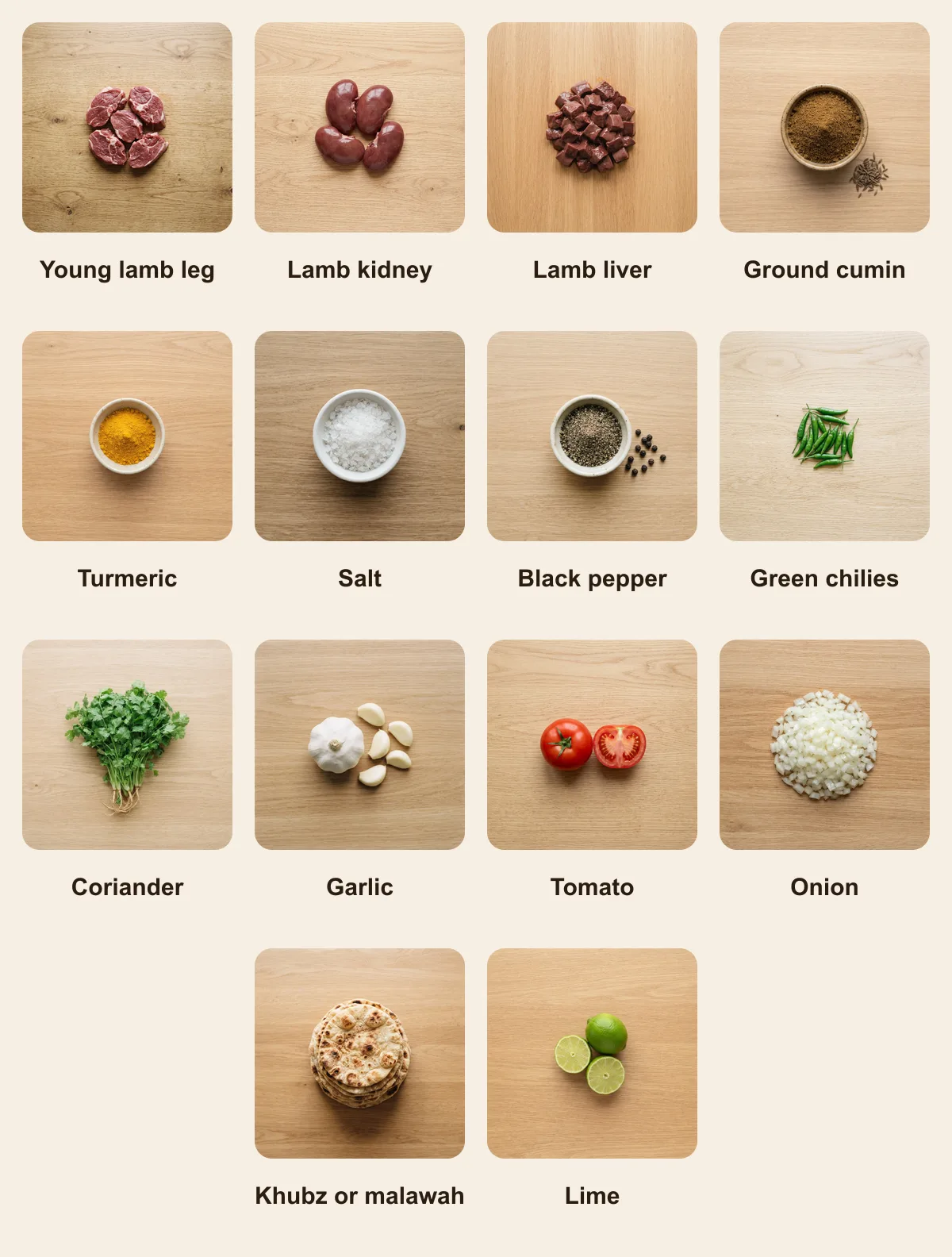 Everything you need for Yemeni Kabab, laid out from above: Young lamb leg, Lamb kidney, Lamb liver, Ground cumin, Turmeric, Salt, Black pepper, Green chilies, Coriander, Garlic, Tomato, Onion, Khubz or malawah, Lime (AI illustration)