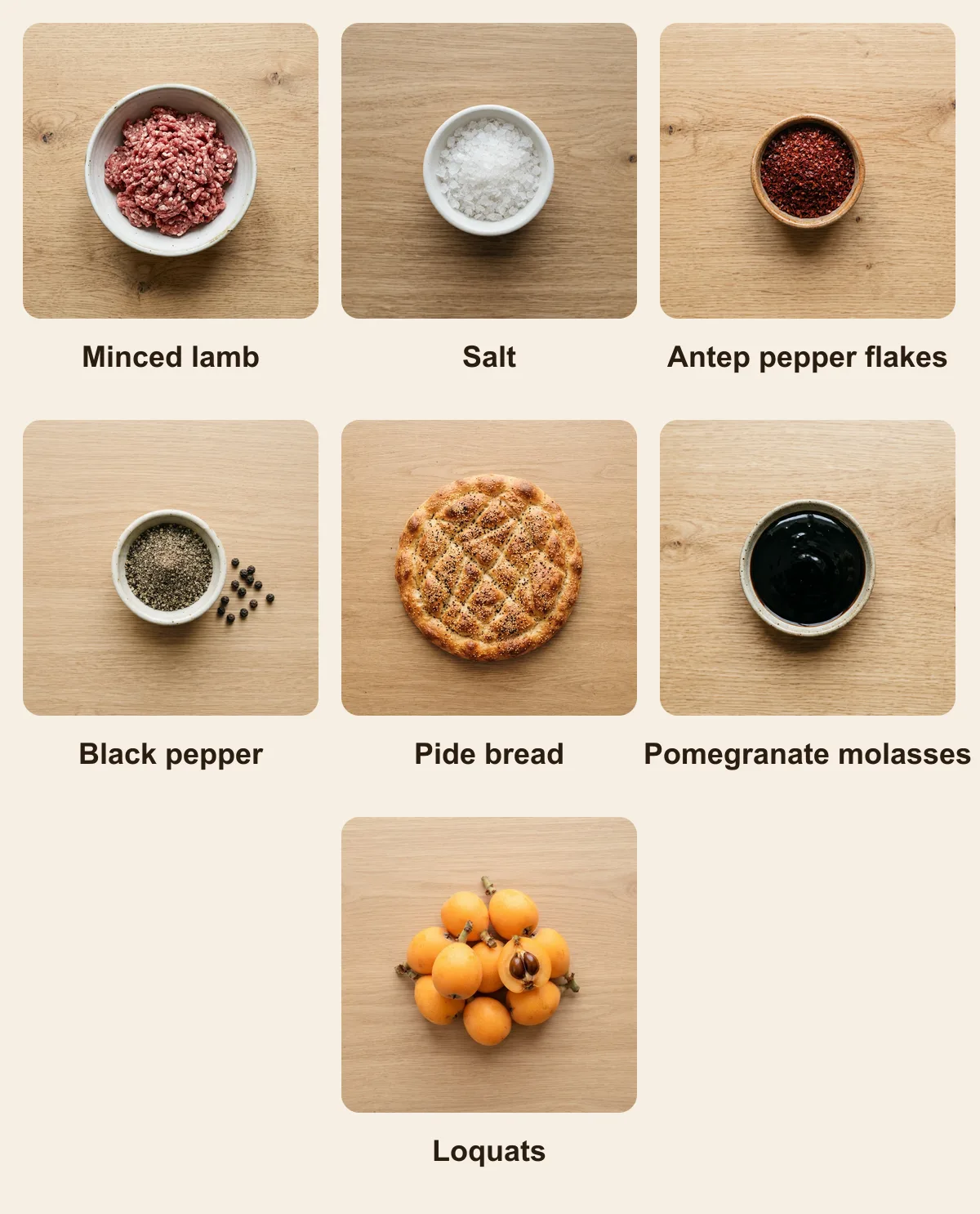 Everything you need for Yeni Dunya Kebab (Loquat Kebab), laid out from above: Minced lamb, Salt, Antep pepper flakes, Black pepper, Pide bread, Pomegranate molasses, Loquats (AI illustration)
