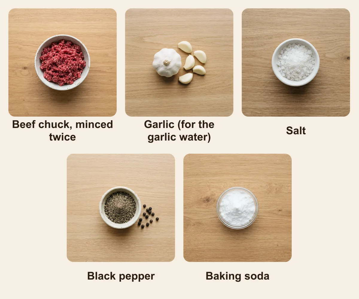 Everything you need for Cevapi (Cevapcici), laid out from above: Beef chuck, minced twice, Garlic (for the garlic water), Salt, Black pepper, Baking soda (AI illustration)