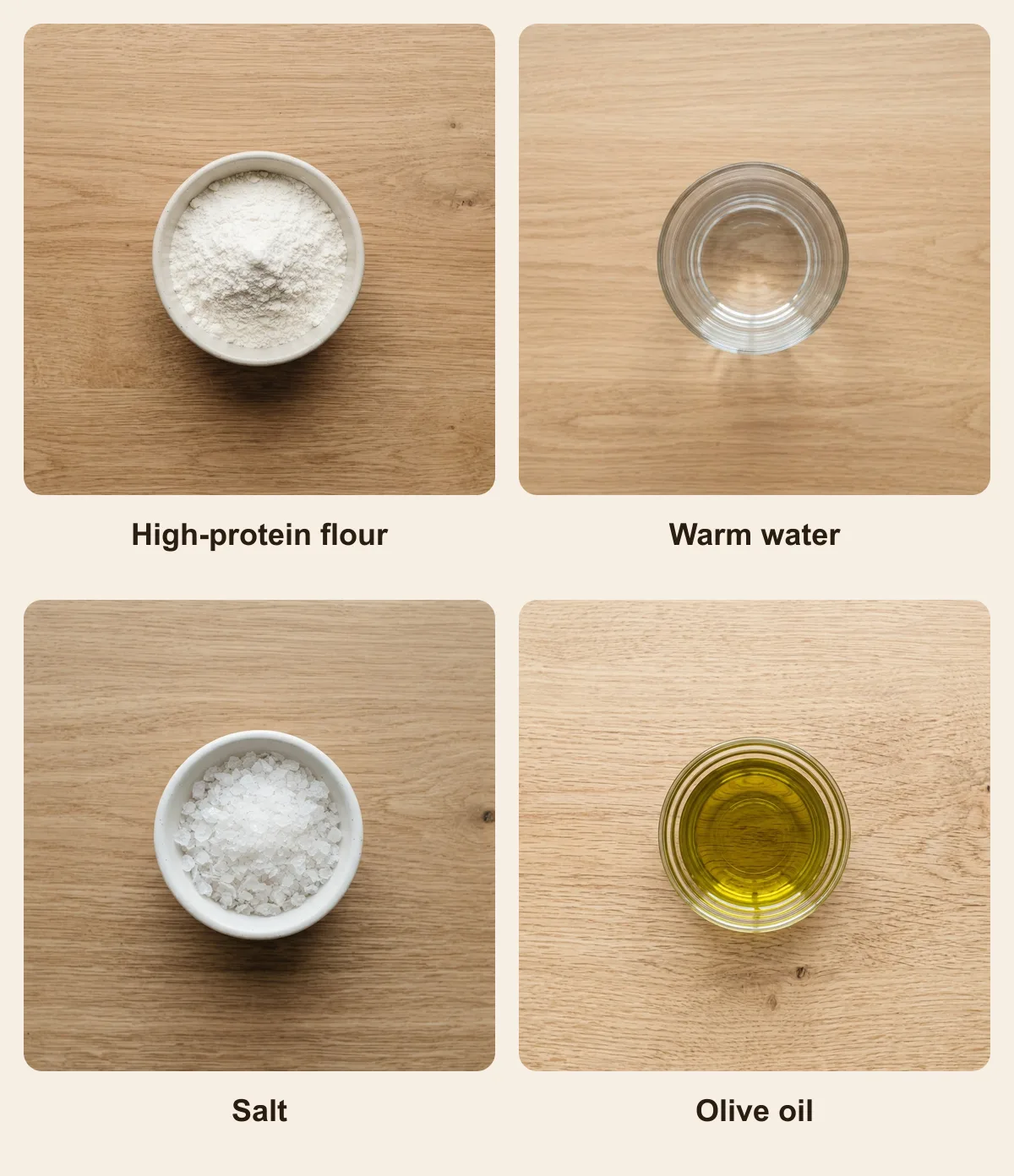 Everything you need for Adana Durum, laid out from above: High-protein flour, Warm water, Salt, Olive oil (AI illustration)