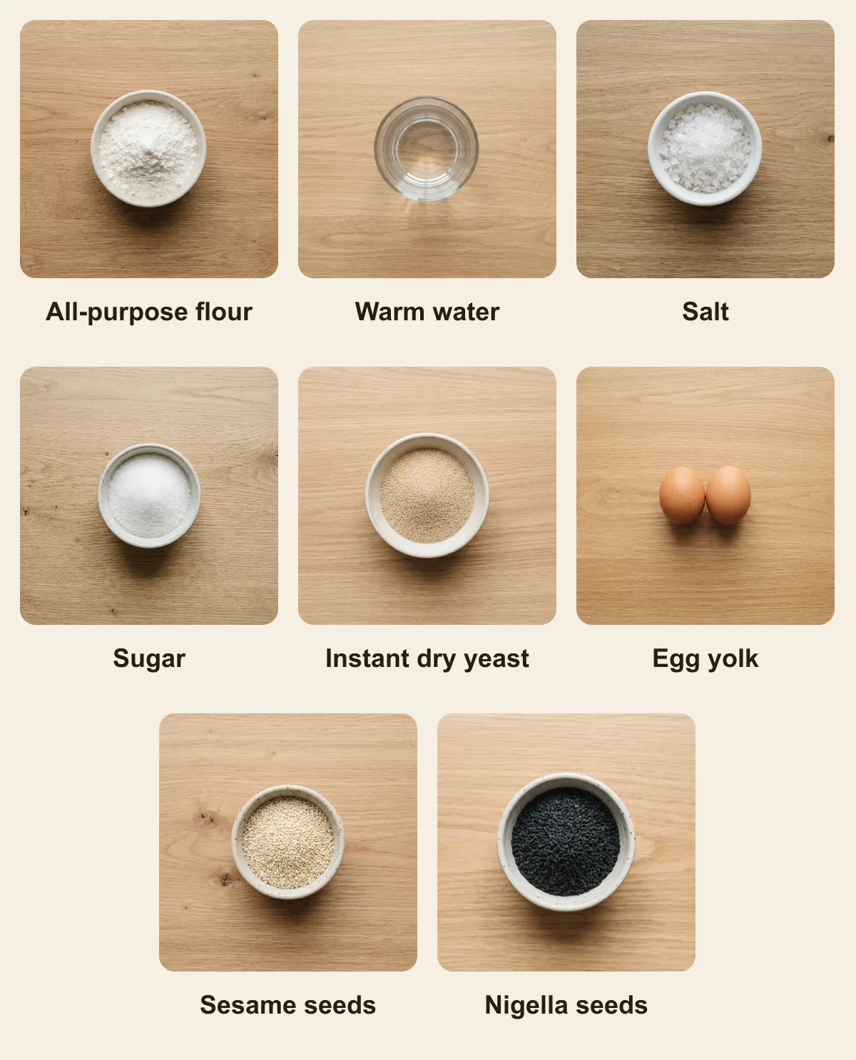 Everything you need for Balloon Lavas, laid out from above: All-purpose flour, Warm water, Salt, Sugar, Instant dry yeast, Egg yolk, Sesame seeds, Nigella seeds (AI illustration)
