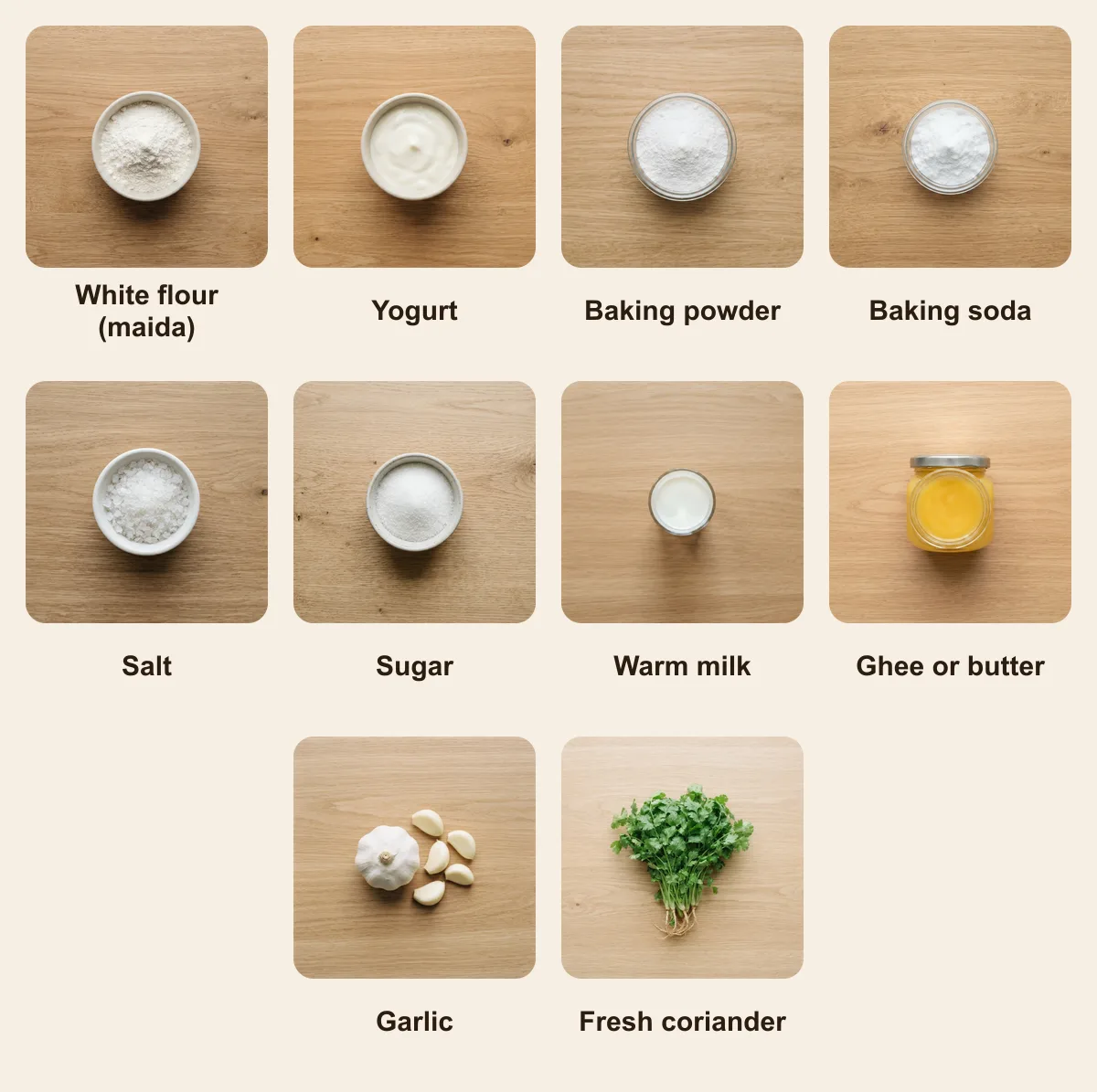 Everything you need for Tandoori Naan, laid out from above: White flour (maida), Yogurt, Baking powder, Baking soda, Salt, Sugar, Warm milk, Ghee or butter, Garlic, Fresh coriander (AI illustration)