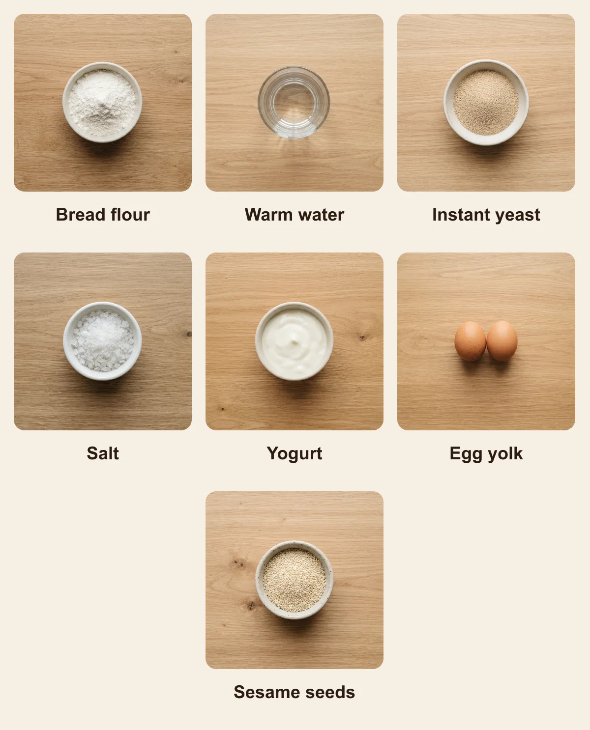 Everything you need for Tirnakli Pide, laid out from above: Bread flour, Warm water, Instant yeast, Salt, Yogurt, Egg yolk, Sesame seeds (AI illustration)