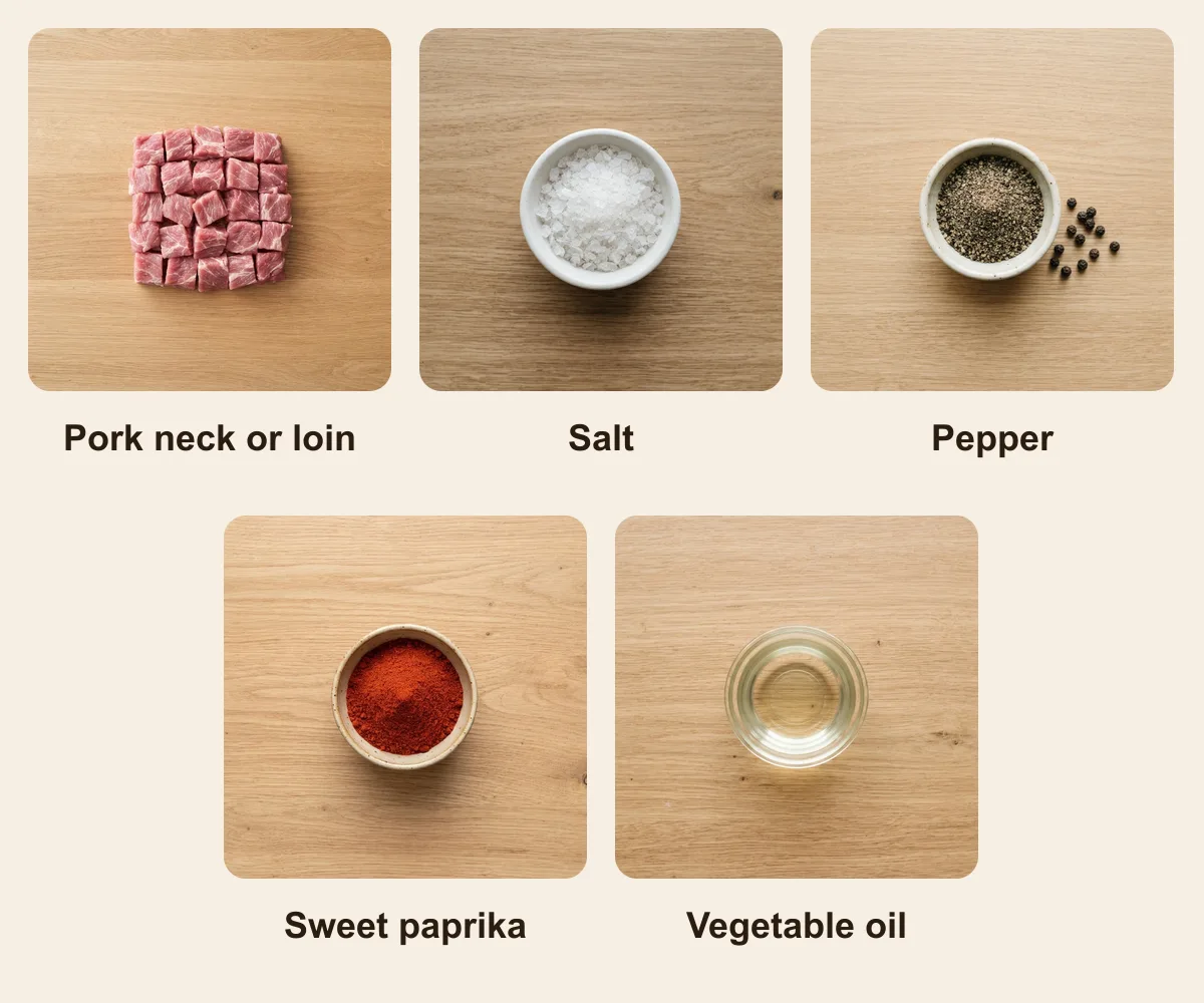 Everything you need for Raznjici, laid out from above: Pork neck or loin, Salt, Pepper, Sweet paprika, Vegetable oil (AI illustration)