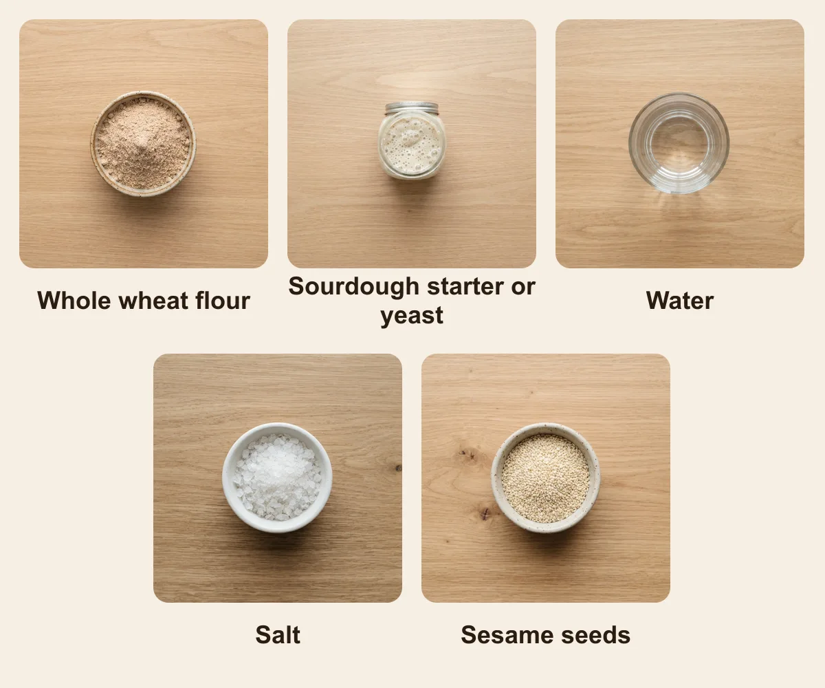 Everything you need for Nan-e Sangak, laid out from above: Whole wheat flour, Sourdough starter or yeast, Water, Salt, Sesame seeds (AI illustration)