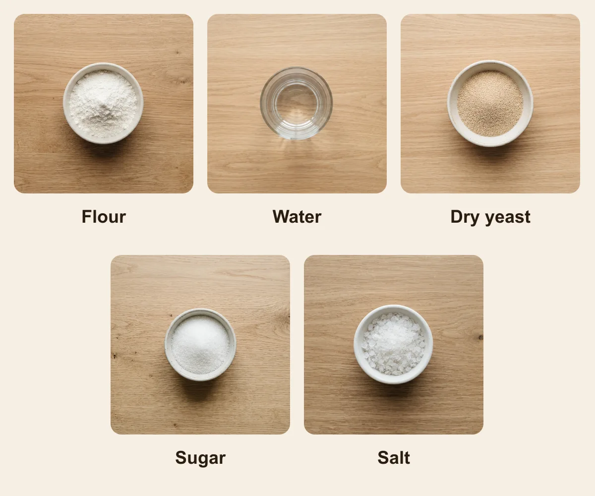 Everything you need for Somun (Lepinja), laid out from above: Flour, Water, Dry yeast, Sugar, Salt (AI illustration)