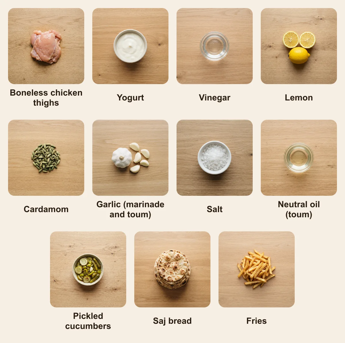 Everything you need for Chicken Shawarma, laid out from above: Boneless chicken thighs, Yogurt, Vinegar, Lemon, Cardamom, Garlic (marinade and toum), Salt, Neutral oil (toum), Pickled cucumbers, Saj bread, Fries (AI illustration)