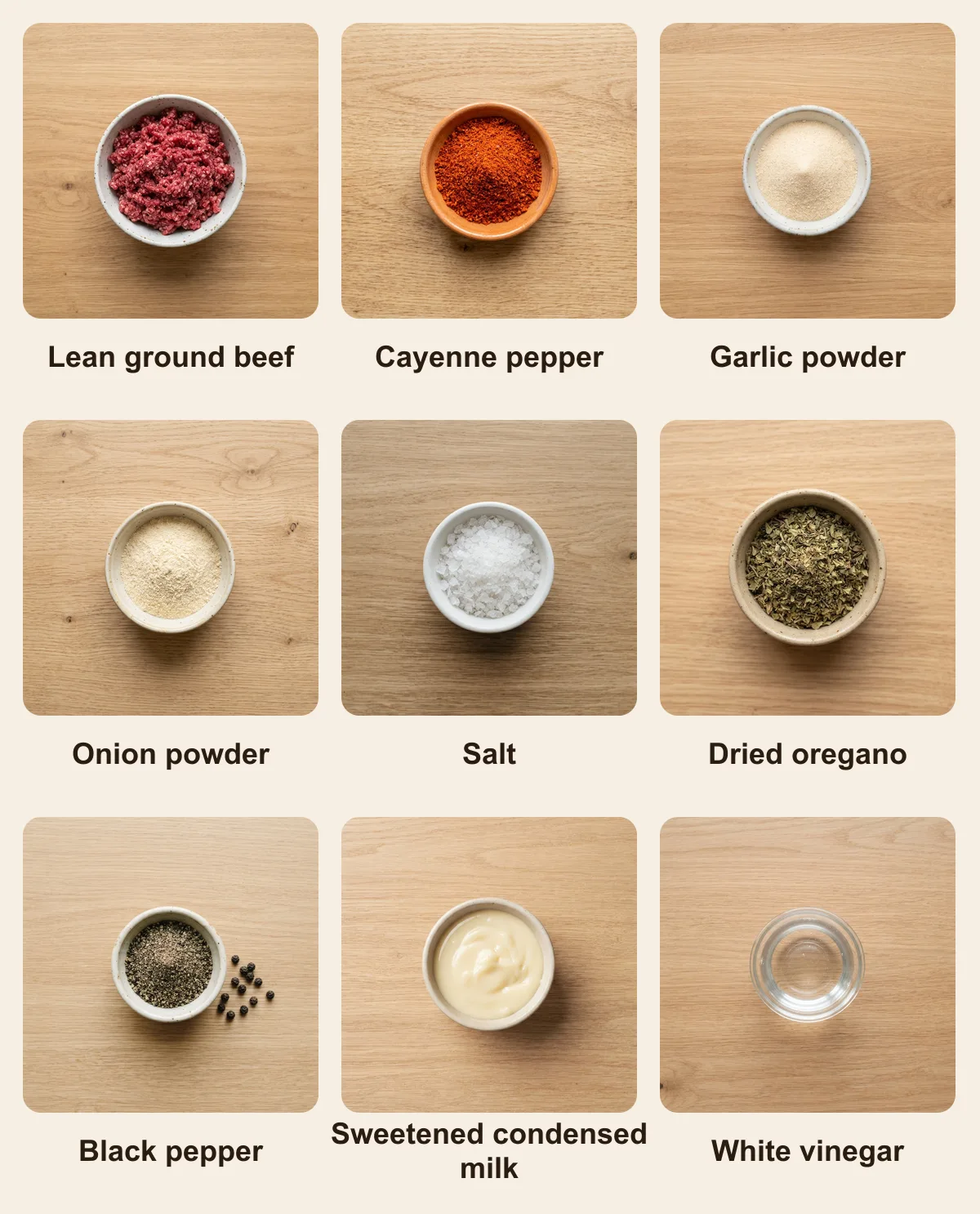 Everything you need for Halifax Donair, laid out from above: Lean ground beef, Cayenne pepper, Garlic powder, Onion powder, Salt, Dried oregano, Black pepper, Sweetened condensed milk, White vinegar (AI illustration)