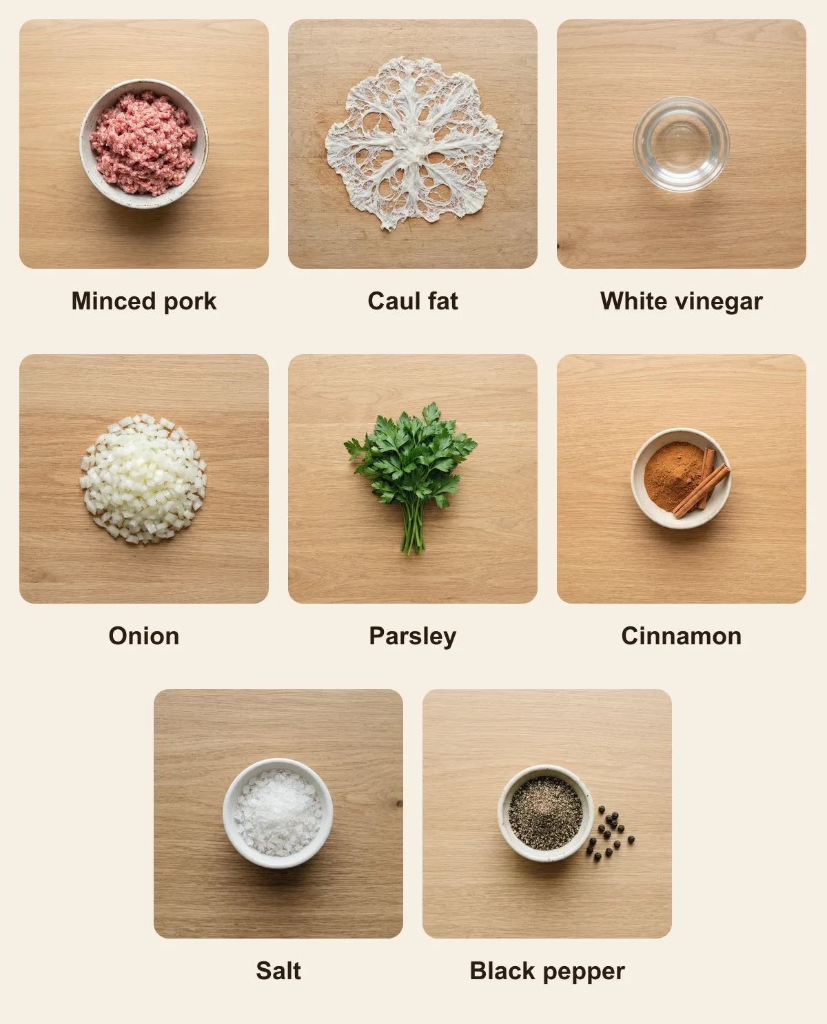 Everything you need for Cypriot Sheftalia, laid out from above: Minced pork, Caul fat, White vinegar, Onion, Parsley, Cinnamon, Salt, Black pepper (AI illustration)