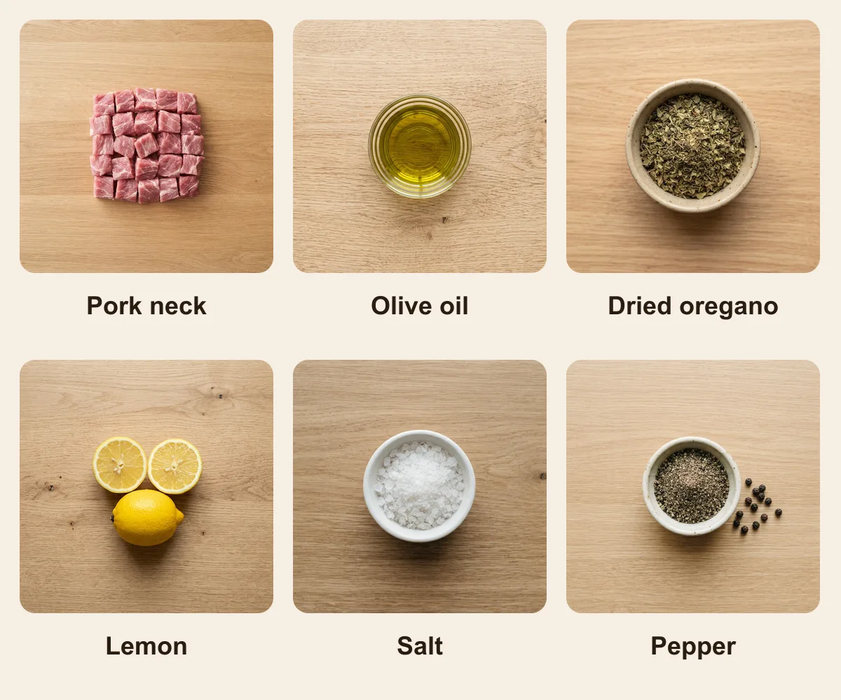 Everything you need for Souvlaki, laid out from above: Pork neck, Olive oil, Dried oregano, Lemon, Salt, Pepper (AI illustration)