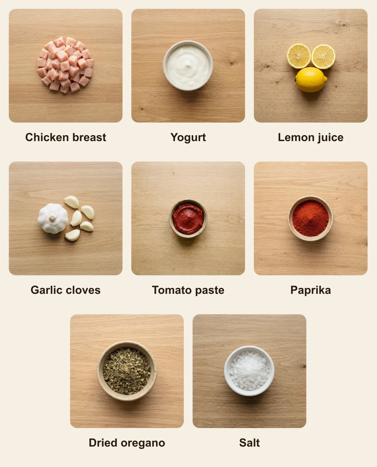 Everything you need for Shish Tawook, laid out from above: Chicken breast, Yogurt, Lemon juice, Garlic cloves, Tomato paste, Paprika, Dried oregano, Salt (AI illustration)