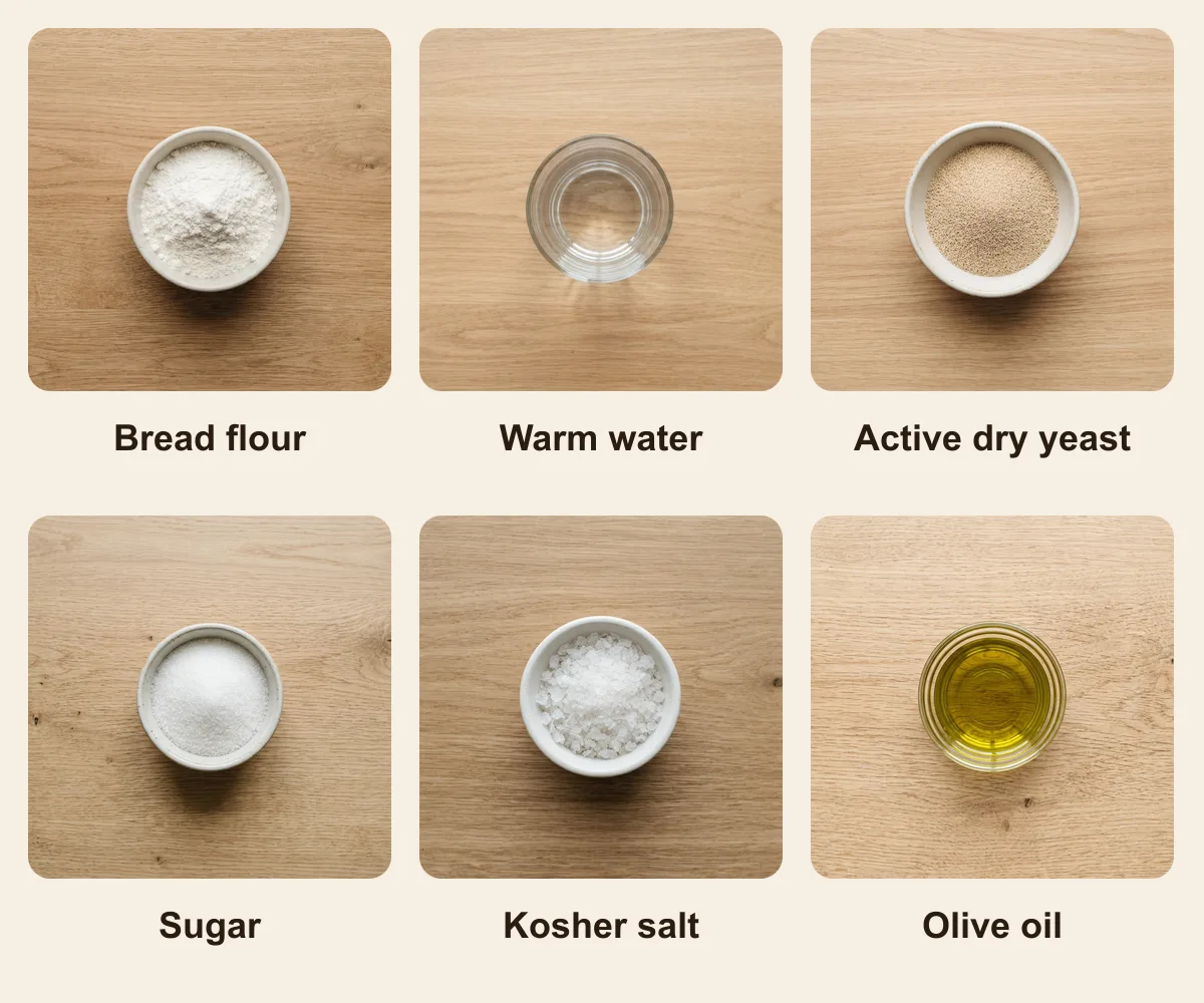 Everything you need for Homemade Pita Pocket, laid out from above: Bread flour, Warm water, Active dry yeast, Sugar, Kosher salt, Olive oil (AI illustration)
