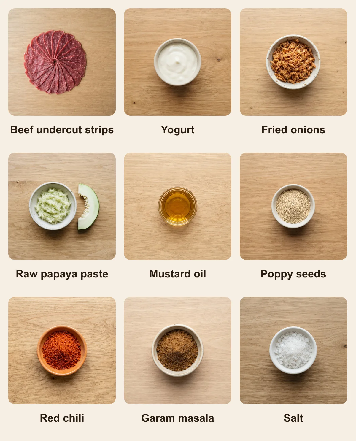 Everything you need for Bihari Kebab, laid out from above: Beef undercut strips, Yogurt, Fried onions, Raw papaya paste, Mustard oil, Poppy seeds, Red chili, Garam masala, Salt (AI illustration)