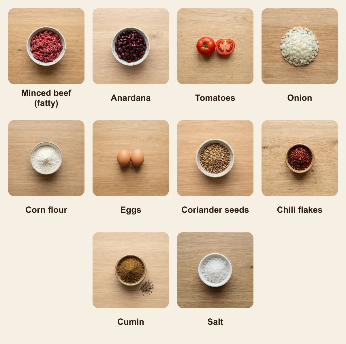 Everything you need for Chapli Kebab, laid out from above: Minced beef (fatty), Anardana, Tomatoes, Onion, Corn flour, Eggs, Coriander seeds, Chili flakes, Cumin, Salt (AI illustration)