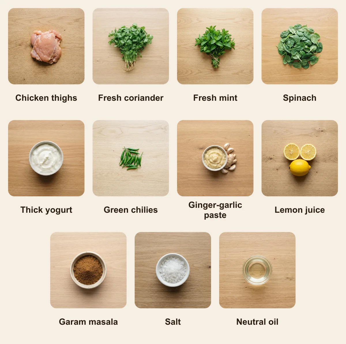 Everything you need for Haryali Kebab, laid out from above: Chicken thighs, Fresh coriander, Fresh mint, Spinach, Thick yogurt, Green chilies, Ginger-garlic paste, Lemon juice, Garam masala, Salt, Neutral oil (AI illustration)