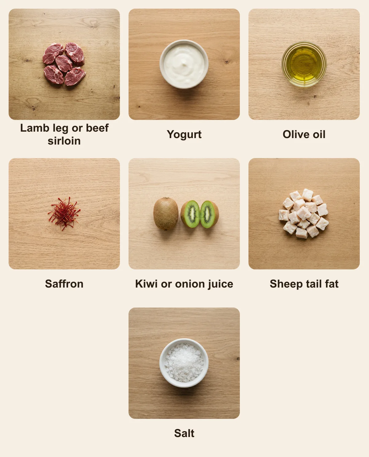 Everything you need for Kabab Chenjeh, laid out from above: Lamb leg or beef sirloin, Yogurt, Olive oil, Saffron, Kiwi or onion juice, Sheep tail fat, Salt (AI illustration)