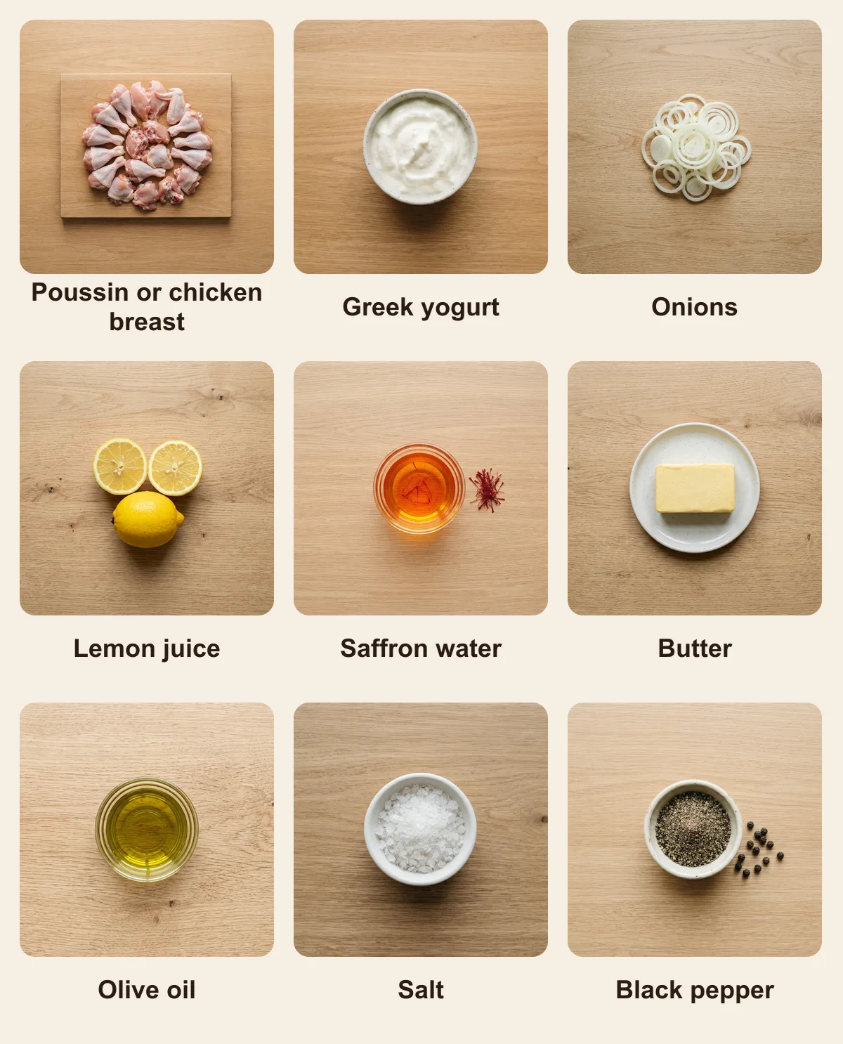 Everything you need for Joojeh Kabab, laid out from above: Poussin or chicken breast, Greek yogurt, Onions, Lemon juice, Saffron water, Butter, Olive oil, Salt, Black pepper (AI illustration)