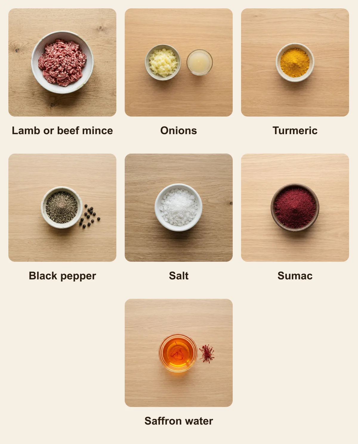 Everything you need for Kabab Koobideh, laid out from above: Lamb or beef mince, Onions, Turmeric, Black pepper, Salt, Sumac, Saffron water (AI illustration)