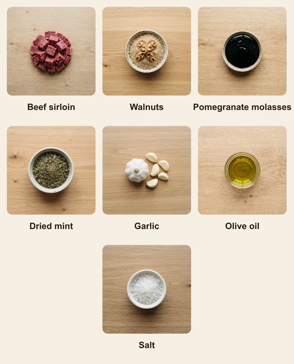 Everything you need for Kabab Torsh, laid out from above: Beef sirloin, Walnuts, Pomegranate molasses, Dried mint, Garlic, Olive oil, Salt (AI illustration)