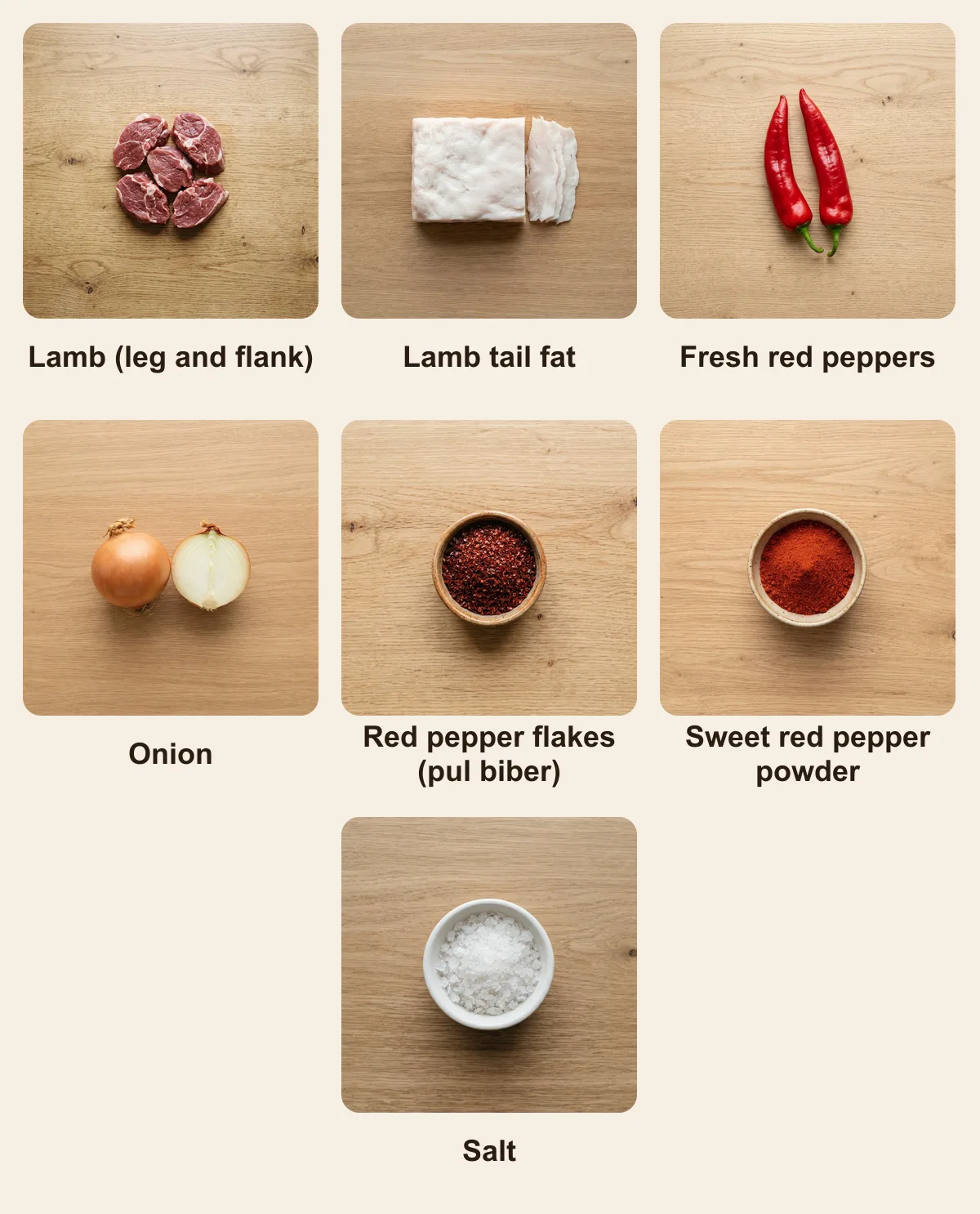 Everything you need for Adana Kebab, laid out from above: Lamb (leg and flank), Lamb tail fat, Fresh red peppers, Onion, Red pepper flakes (pul biber), Sweet red pepper powder, Salt (AI illustration)