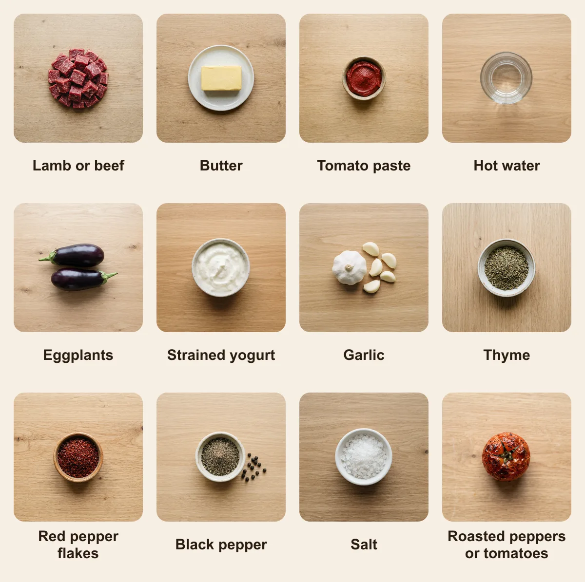 Everything you need for Ali Nazik, laid out from above: Lamb or beef, Butter, Tomato paste, Hot water, Eggplants, Strained yogurt, Garlic, Thyme, Red pepper flakes, Black pepper, Salt, Roasted peppers or tomatoes (AI illustration)