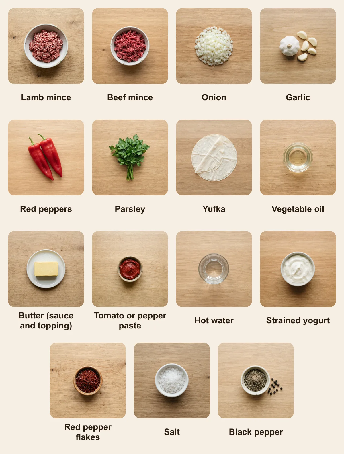 Everything you need for Beyti Sarma, laid out from above: Lamb mince, Beef mince, Onion, Garlic, Red peppers, Parsley, Yufka, Vegetable oil, Butter (sauce and topping), Tomato or pepper paste, Hot water, Strained yogurt, Red pepper flakes, Salt, Black pepper (AI illustration)