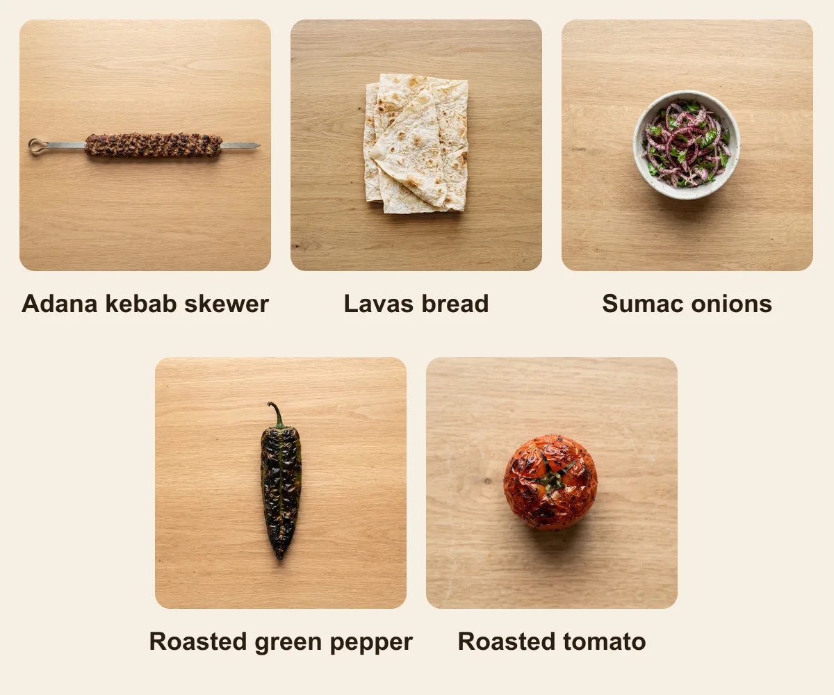 Everything you need for Durum (Turkish Kebab Wrap), laid out from above: Adana kebab skewer, Lavas bread, Sumac onions, Roasted green pepper, Roasted tomato (AI illustration)