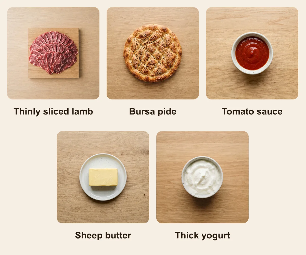 Everything you need for Iskender Kebab, laid out from above: Thinly sliced lamb, Bursa pide, Tomato sauce, Sheep butter, Thick yogurt (AI illustration)