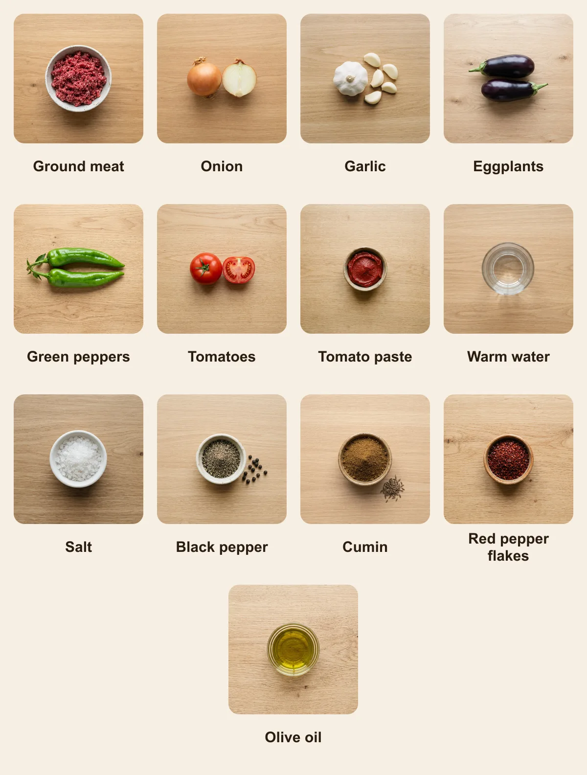 Everything you need for Patlican Kebabi, laid out from above: Ground meat, Onion, Garlic, Eggplants, Green peppers, Tomatoes, Tomato paste, Warm water, Salt, Black pepper, Cumin, Red pepper flakes, Olive oil (AI illustration)