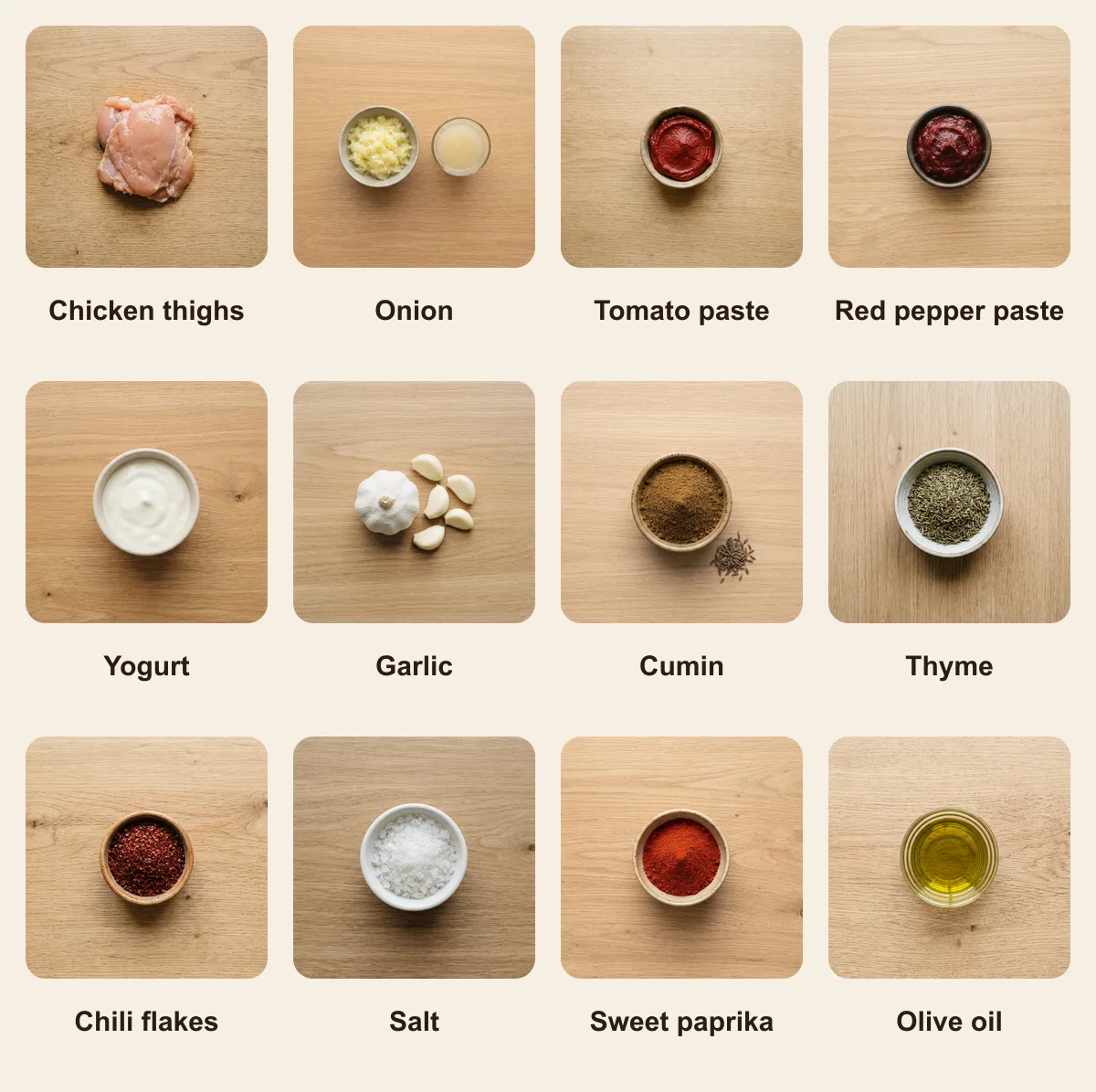 Everything you need for Tavuk Doner, laid out from above: Chicken thighs, Onion, Tomato paste, Red pepper paste, Yogurt, Garlic, Cumin, Thyme, Chili flakes, Salt, Sweet paprika, Olive oil (AI illustration)