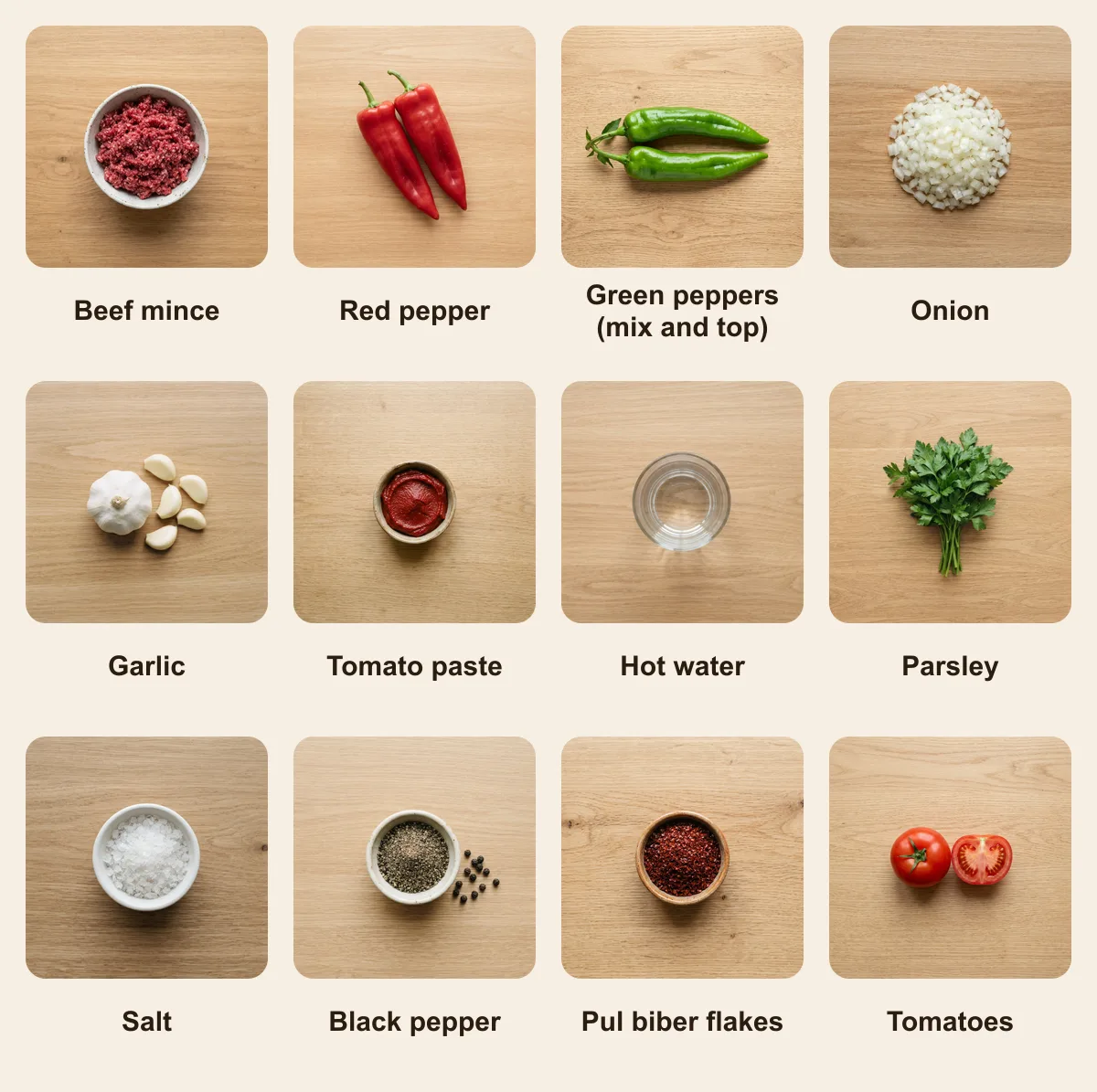 Everything you need for Tepsi Kebabi, laid out from above: Beef mince, Red pepper, Green peppers (mix and top), Onion, Garlic, Tomato paste, Hot water, Parsley, Salt, Black pepper, Pul biber flakes, Tomatoes (AI illustration)