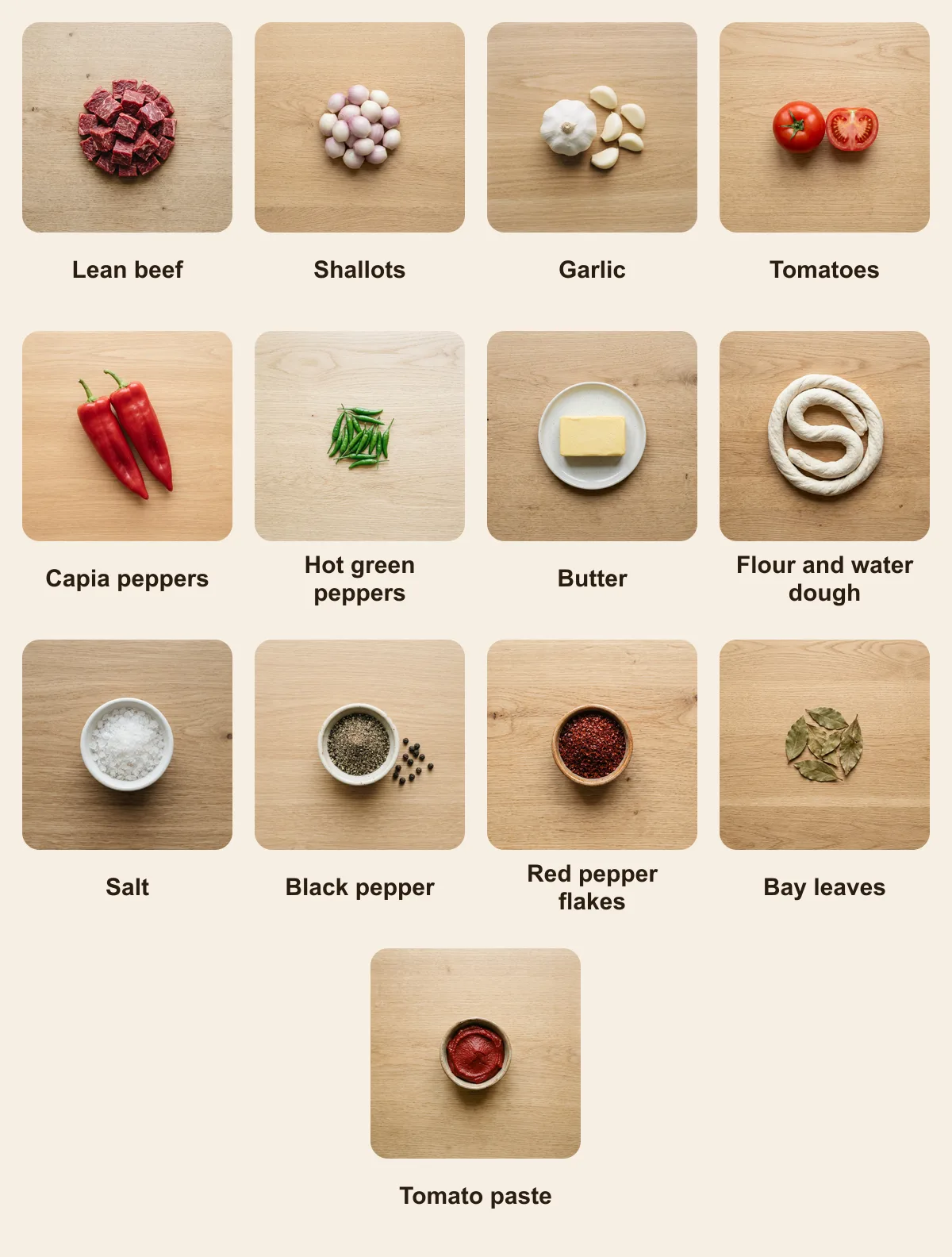 Everything you need for Testi (Pottery) Kebab, laid out from above: Lean beef, Shallots, Garlic, Tomatoes, Capia peppers, Hot green peppers, Butter, Flour and water dough, Salt, Black pepper, Red pepper flakes, Bay leaves, Tomato paste (AI illustration)