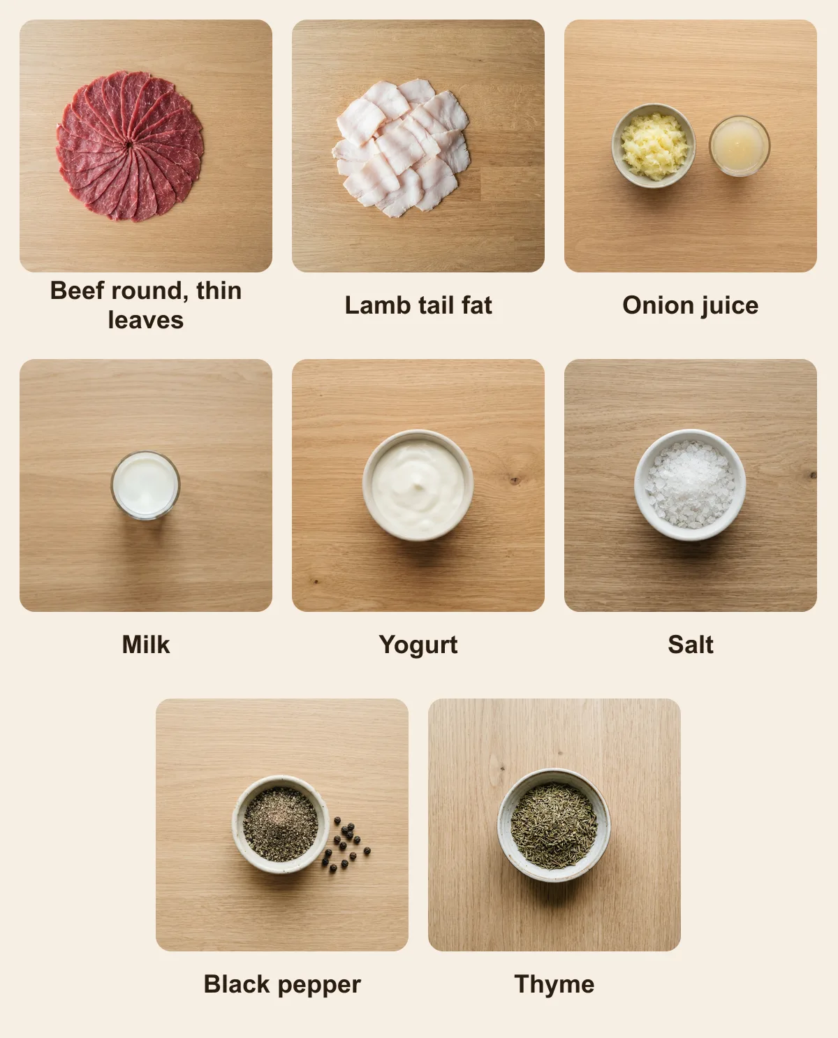 Everything you need for Yaprak Doner, laid out from above: Beef round, thin leaves, Lamb tail fat, Onion juice, Milk, Yogurt, Salt, Black pepper, Thyme (AI illustration)