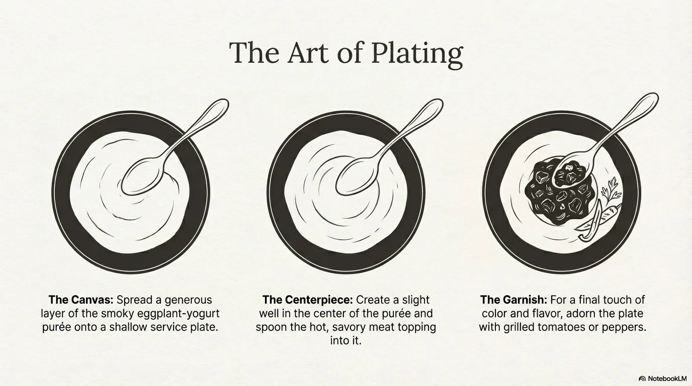 Ali Nazik — The Art of Plating The Canvas: Spread a generous layer of the smoky eggplant-yogurt puree onto a shallow service 