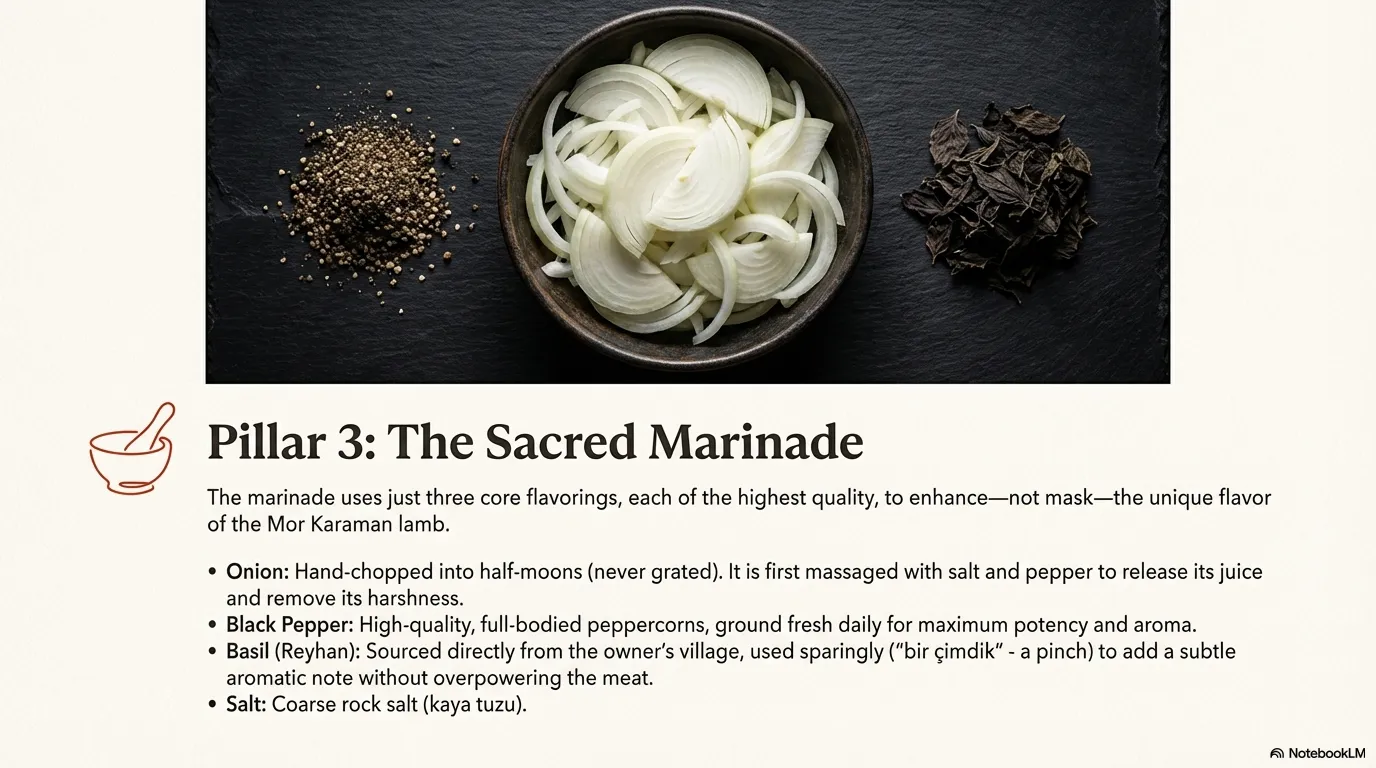 Cag Kebabi — Pillar 3: The Sacred Marinade The marinade uses just three core flavorings, each of the highest quality, to enha