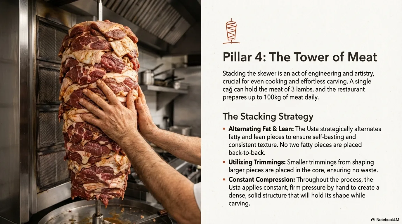 Cag Kebabi — Pillar 4: The Tower of Meat Stacking the skewer is an act of engineering and artistry, crucial for even cooking 