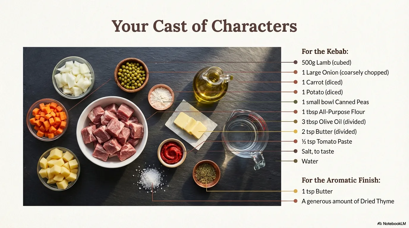 Orman Kebabi — Your Cast of Characters Everything you need: 500g Lamb, 1 Large Onion, 1 Carrot, 1 Potato, Peas, 3 tbsp Olive 