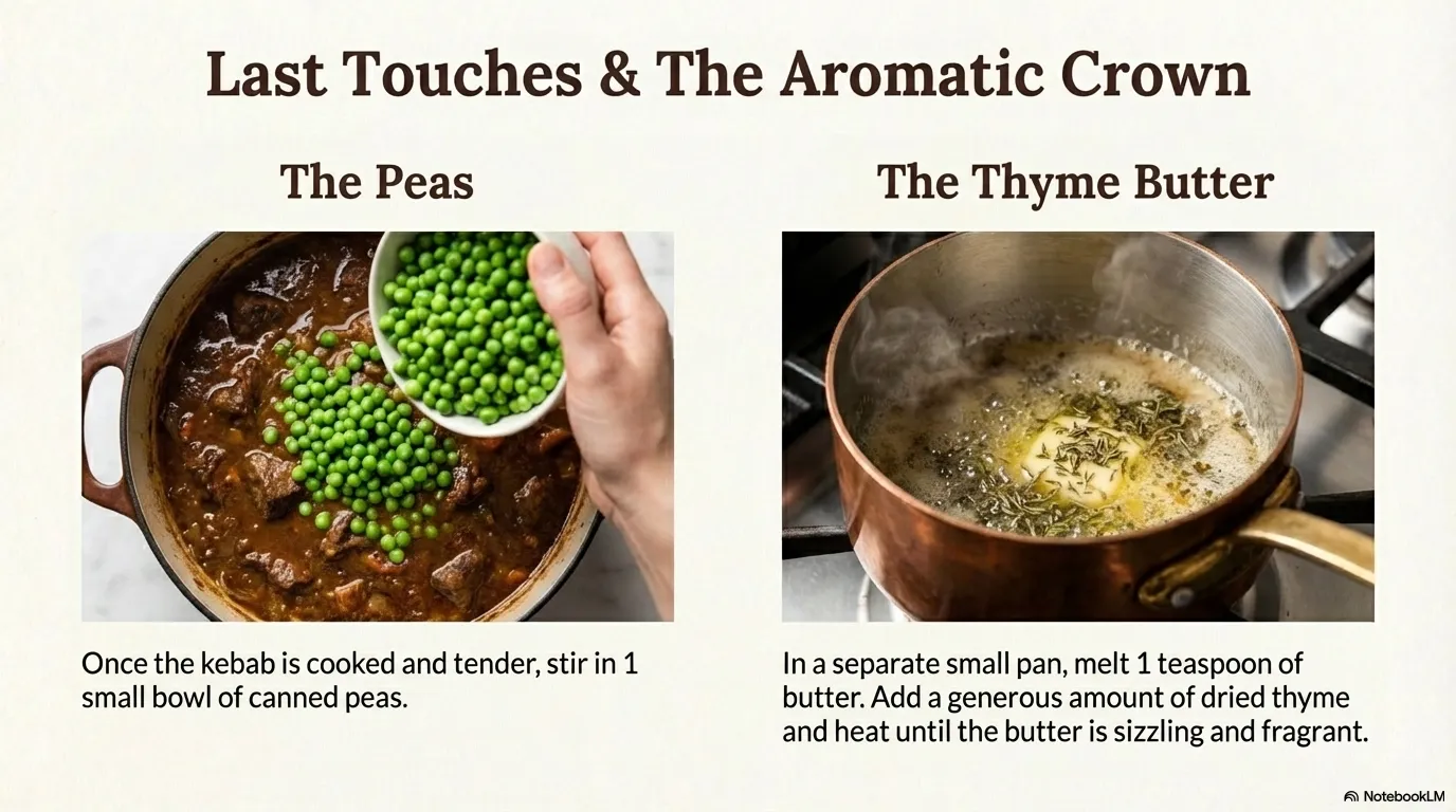 Orman Kebabi — Step 5: Last Touches & The Aromatic Crown Stir in the peas