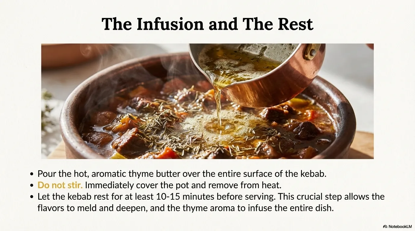 Orman Kebabi — Step 6: The Infusion and The Rest Pour the sizzling thyme butter over the stew