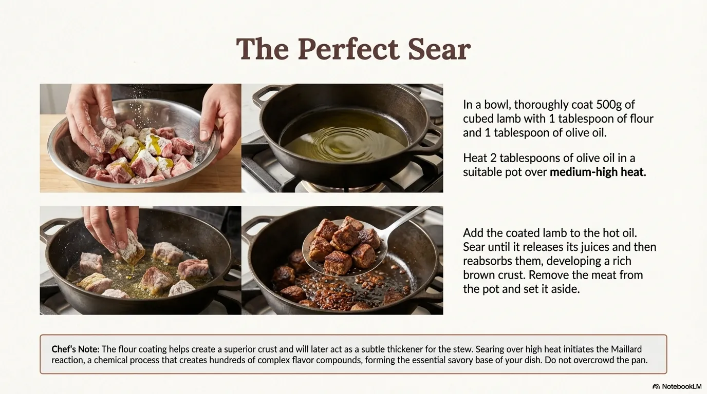 Orman Kebabi — Step 1: The Perfect Sear Coat the lamb cubes lightly in flour
