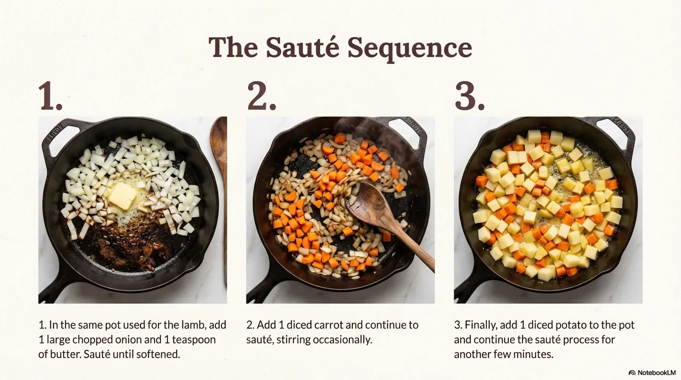 Orman Kebabi — Step 2: The Saute Sequence First, saute the chopped onions with butter until translucent