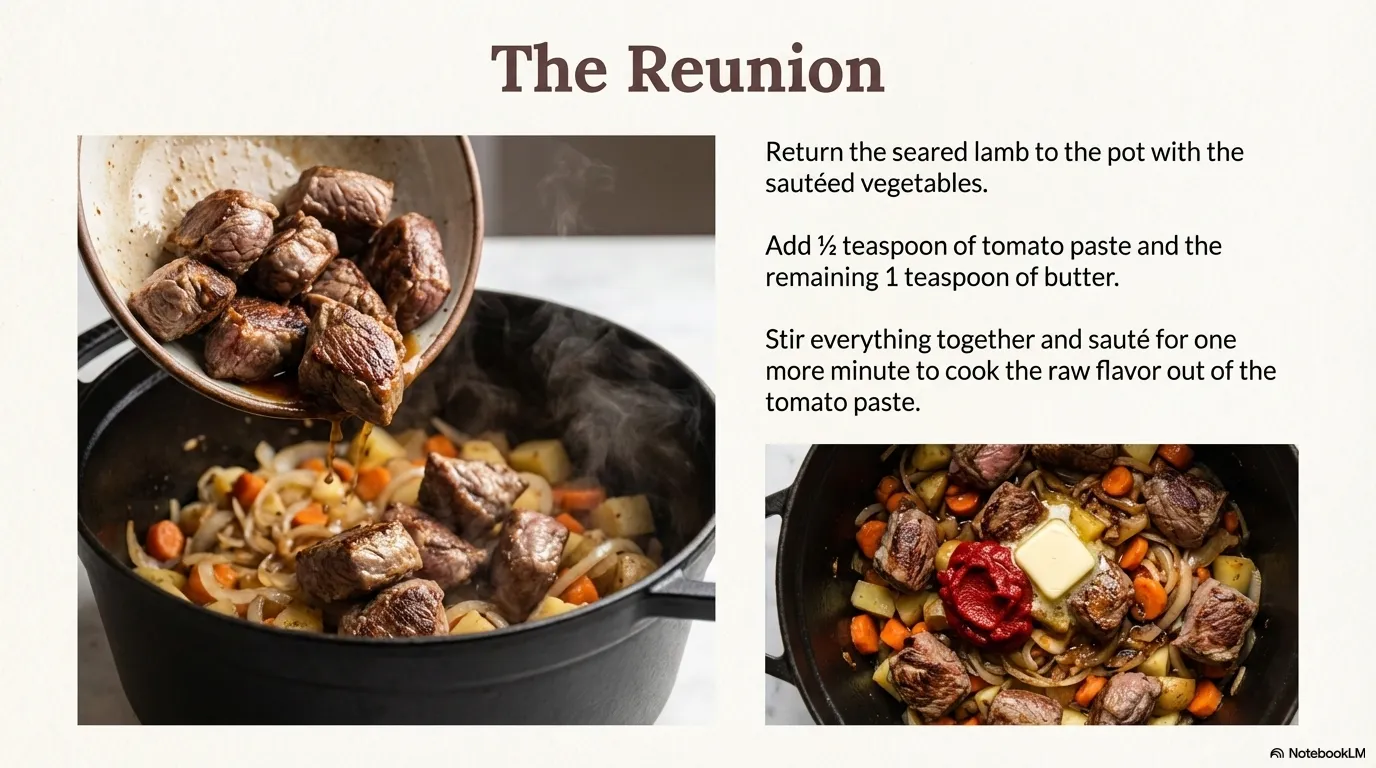 Orman Kebabi — Step 3: The Reunion Return the browned meat to the pot