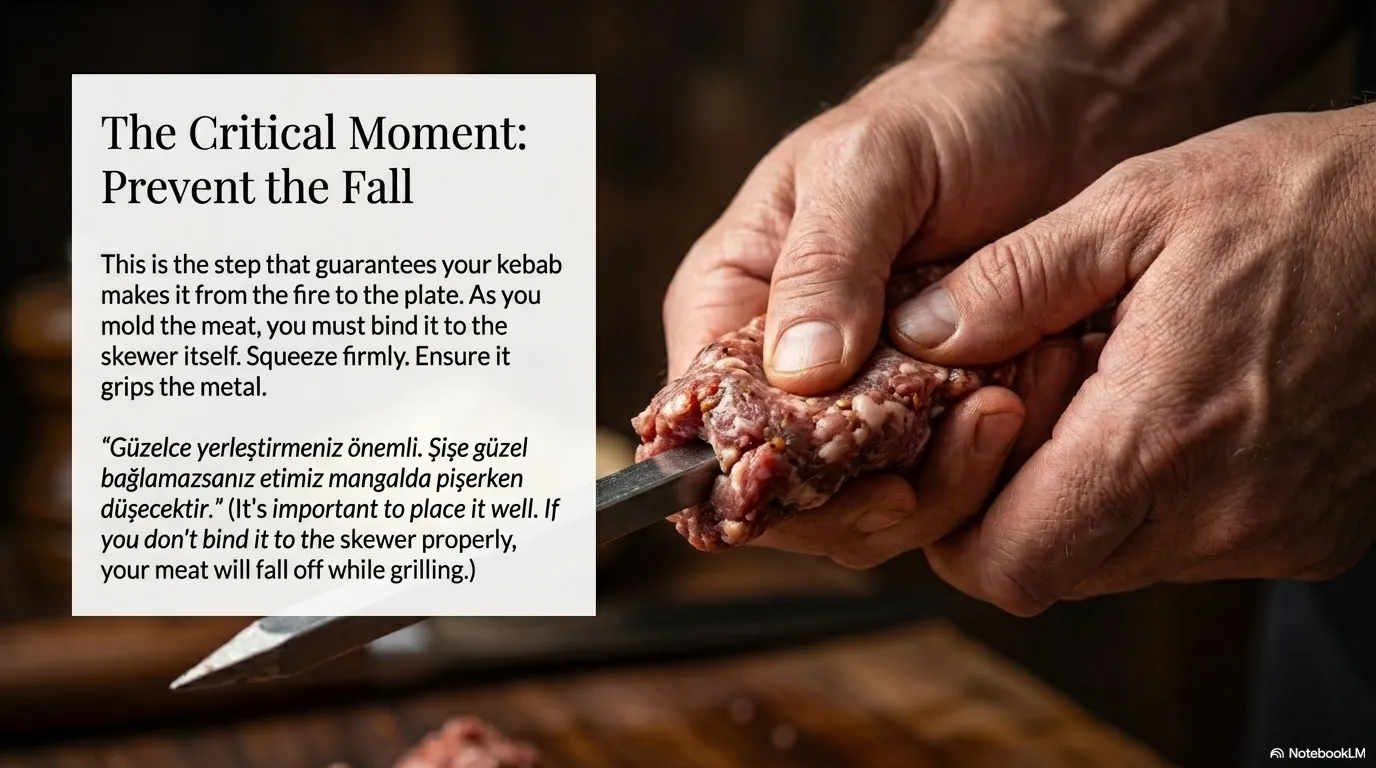Patlican Kebabi — The Critical Moment: Prevent the Fall\nClose-up of hands firmly squeezing the meat onto the square metal sk