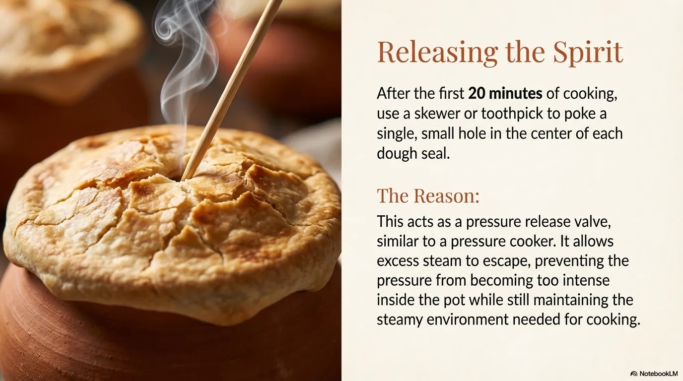 Testi (Pottery) Kebab — Pressure Release: Releasing the Spirit\nAfter 20 minutes, poke a single small hole in the center of t