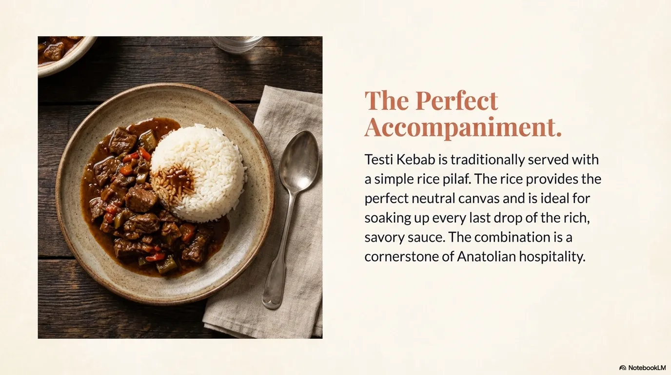 Testi (Pottery) Kebab — Serving: The Perfect Accompaniment\nPlate with Testi Kebab served alongside white rice pilaf